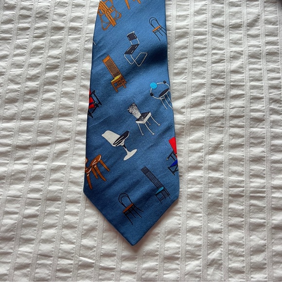 VTG 2000s Acme Studios Adrian Olabuenaga Blue Chair Print Silk Necktie - Picture 6 of 9